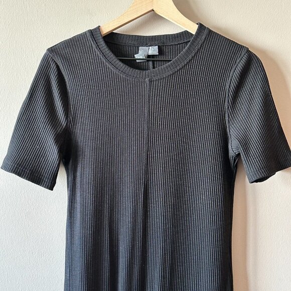 Women's 8 Sweaty Betty Black Ribbed Midi Dress Slim Fit Pleated Lettuce Hem - Picture 7 of 11